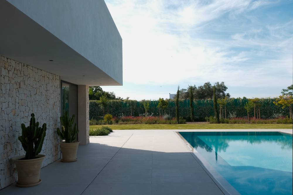 Pradera de cesped con piscina y pantalla vegetal Pradera de cesped con piscina y pantalla vegetal